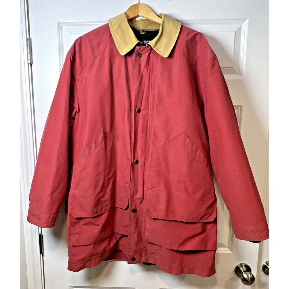 Vtg 90s Nautica Car Coat Mens Large Beige Cotton Blend Button-In Liner Fall 1991